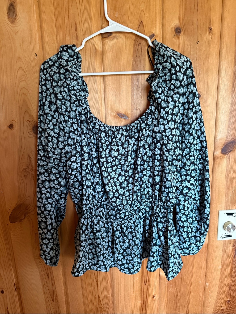 Nine West Black Floral Peplum Blouse with Light Blue Flowers